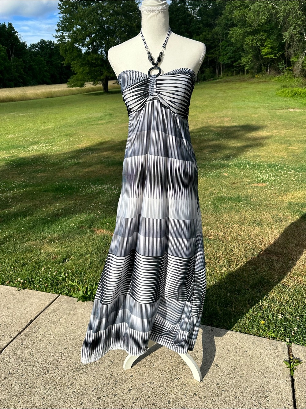 Black and White Strapless Maxi Dress with Ring Detail